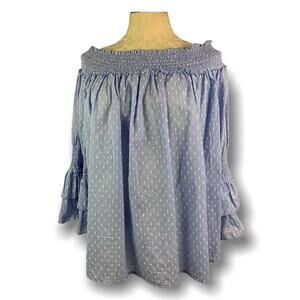 Medium Kaktus Off the Shoulder Women's Blue Flowy Peasant Style Top White Detail